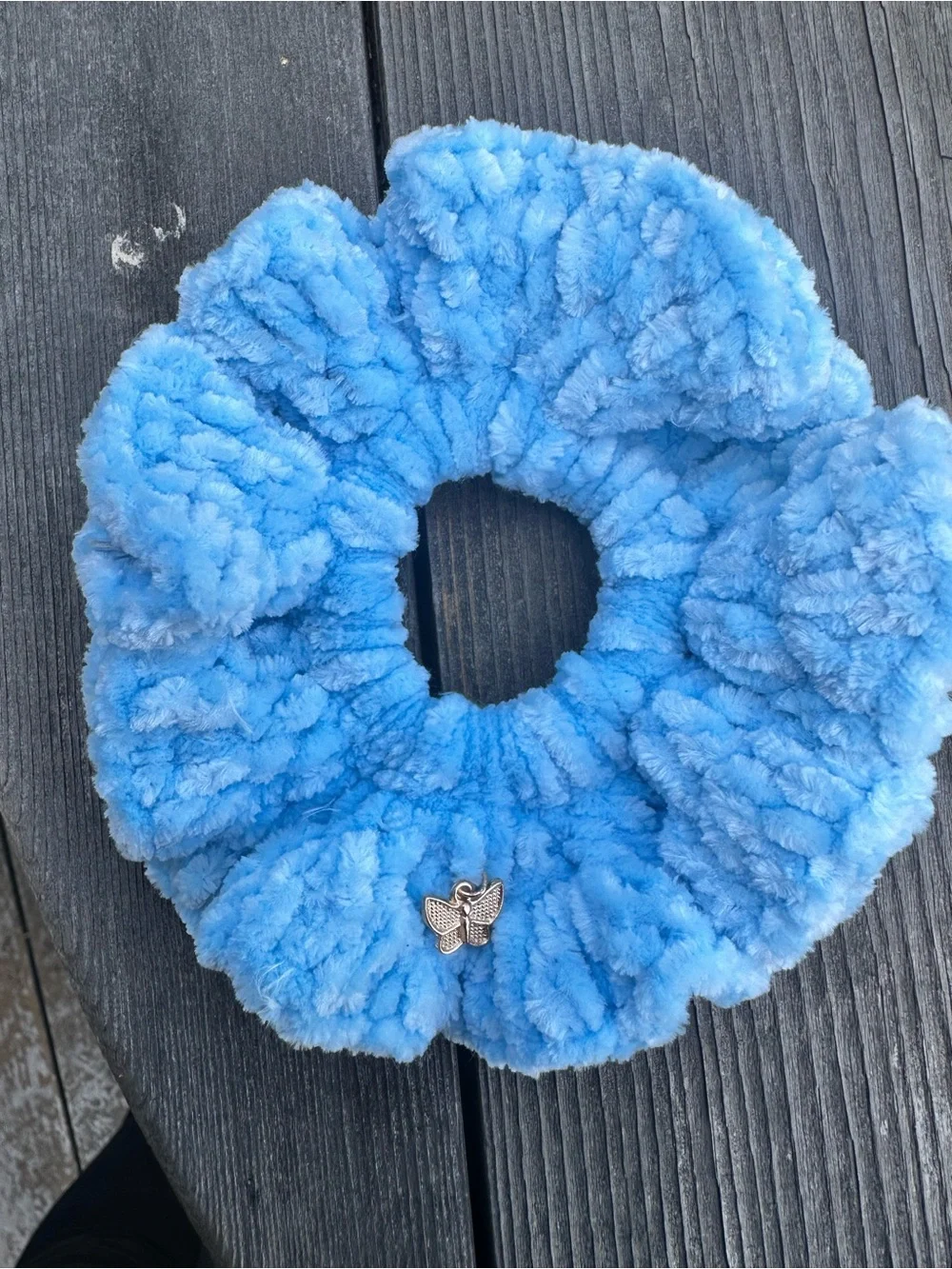 Plush Light Blue Fuzzy Scrunchie with Butterfly Charm